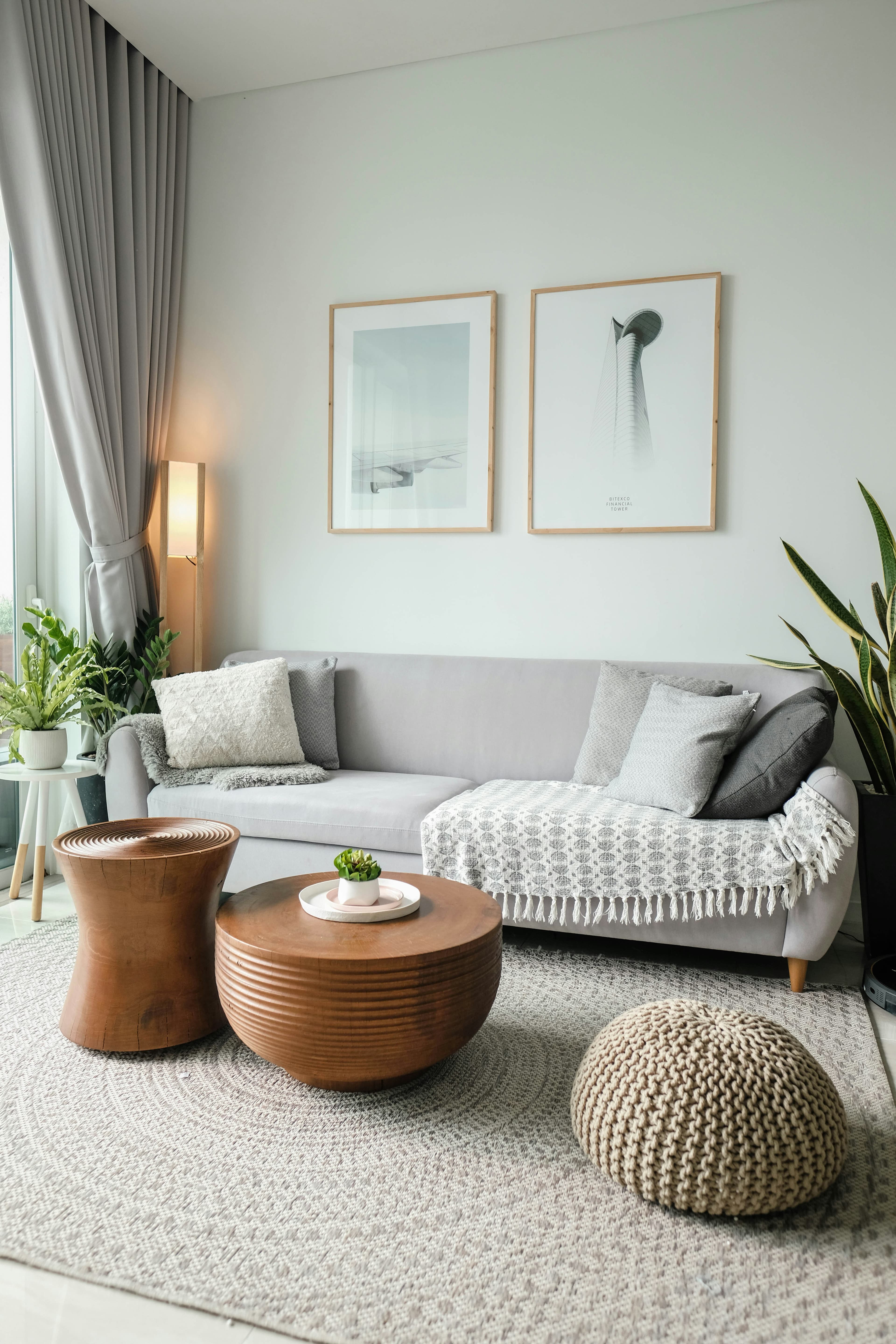 Clean modern living room with sofa and area rug after professional cleaning